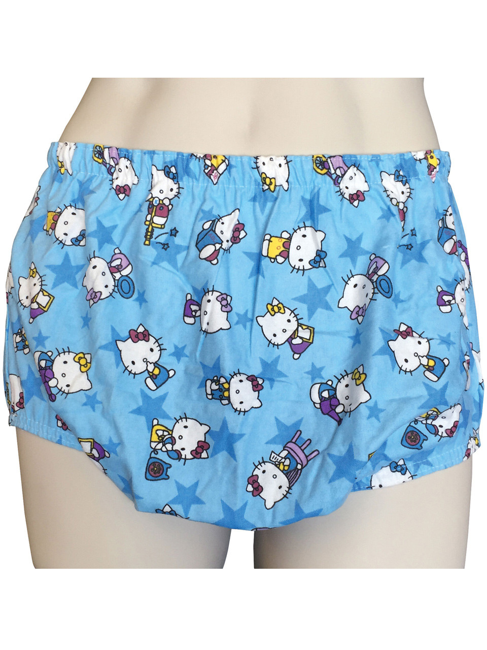 Blue Kitty Cat Print Plastic And Cotton Pull Up Pants For Adults