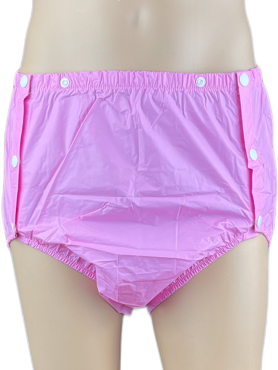 Cuddlz Pink side fastening snap on tpu stretchy plastic incontinence pants  for adults ABDL diaper lovers and adult size baby knickers briefs