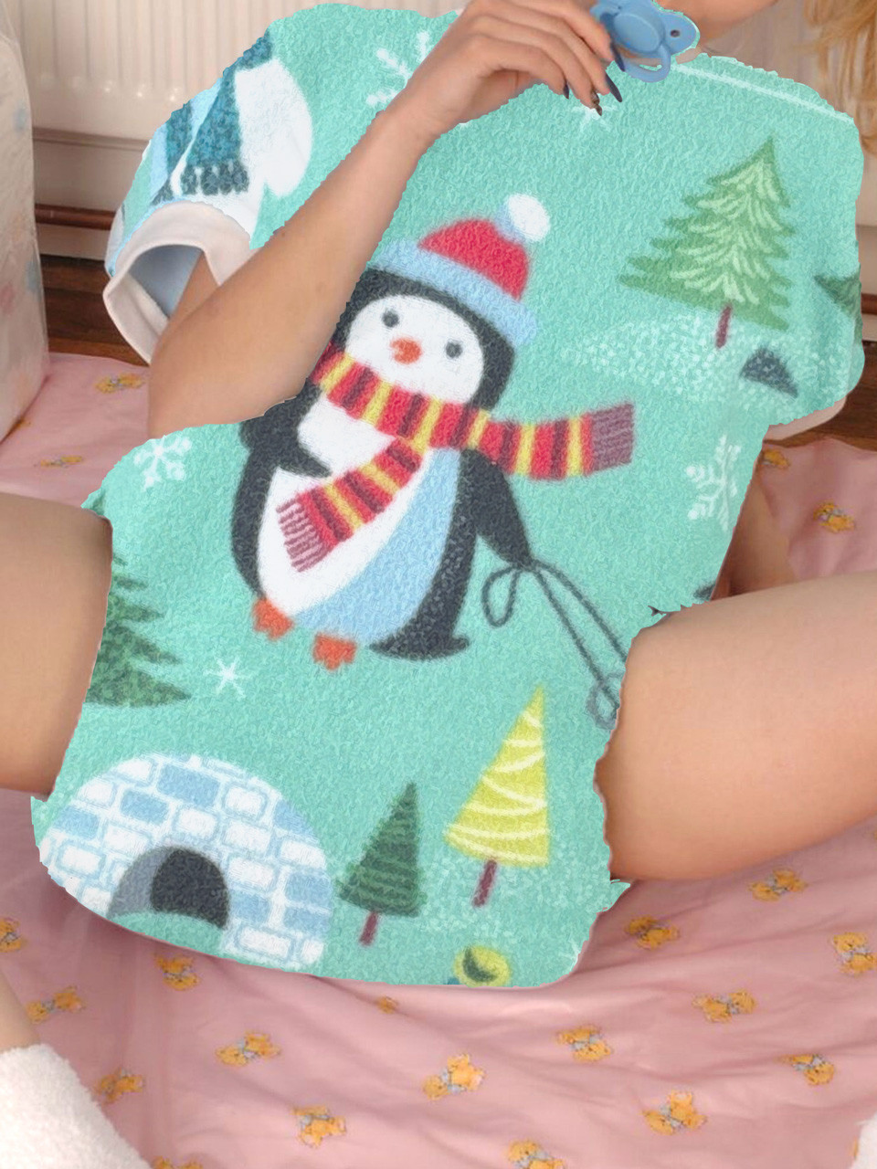Cuddlz Festive Mint Penguin Fleece Waddle Onesie With Locking Zip Option