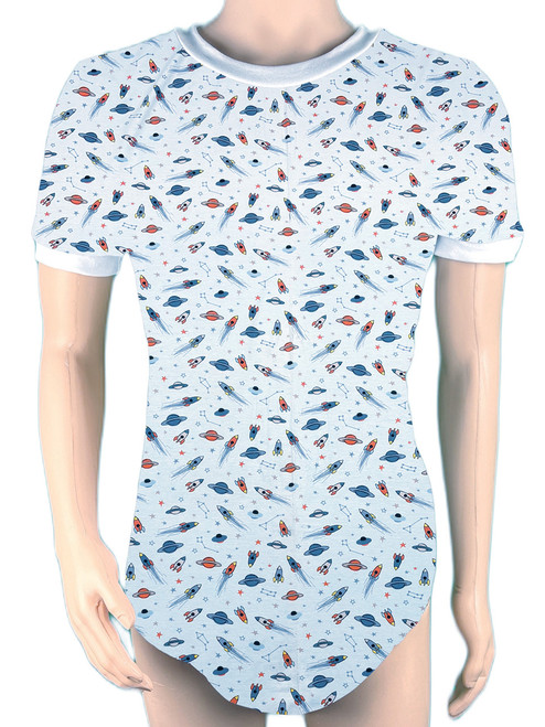 Cuddlz Blue Space Rocket Pattern Stretch Adult Onesie for ABDL Men or Women Girls or Boys With Locking Lockable option