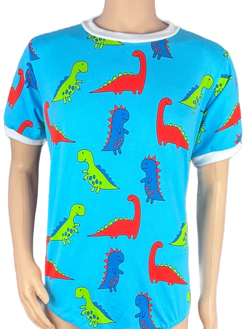 Cuddlz Stretch Blue Red & Green Dinosaur Pattern Short Adult Onesie