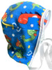 Blue Dino Fleece abdl adult baby bonnet with frills available with matching mittens, booties and onesies