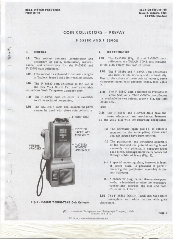  Document from White 10 button payphone 1964 World Fair