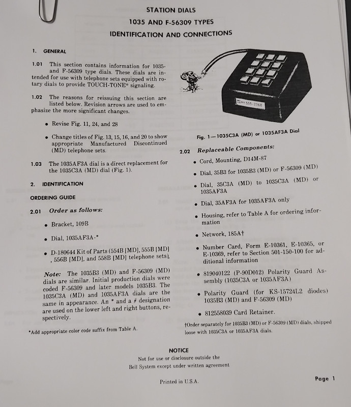   F -56309 Switchboard and Station Dial  with manual  White