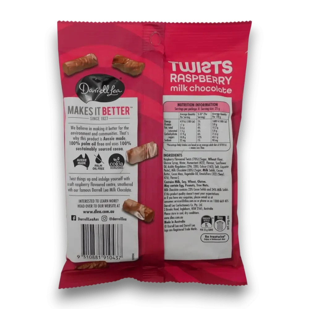 Darrell Lea - Milk Chocolate Raspberry Twists (200g bag)