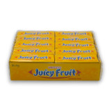 Wrigleys Juicy Fruit Original chewing gum packs arranged in a wholesale 30-pack counter display tray, available at The Professors.