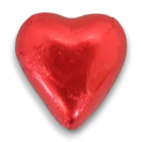 Heart-shaped milk chocolate wrapped in red foil, available in a 5kg box at The Professors Online Lolly Shop.