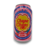 Chupa Chups Cherry Bubble Gum Sparkling Drink 345ml can front showing pink bubble gum themed design from The Professors.