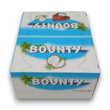 Front view of Bounty Milk Chocolate Bars display box containing 24 coconut-filled chocolate bars at The Professors Online Lolly Shop.