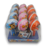 Paw Patrol Surprise Pop swirl lollipops showing Chase, Marshall, and Skye designs in display tray, available at The Professors