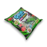Angled left view of Lolliland Sour Straps Mini Rolls bag with green, black and spooky character graphics