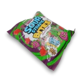 Angled left view of Lolliland Halloween Sour Straps Bites bag with purple, green and spooky grape graphics