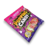 Angled left view of Lolliland Popping Candy bag with strawberry, grape, apple and watermelon sachets inside