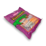Angled left view of Lolliland Witch and Zombie Finger Lollipops bag with orange and green novelty lollies