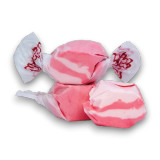 Close-up of Taffy Town Cran-Raspberry Salt Water Taffy with pink and white swirled wrapped chewy lollies.