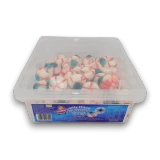 Gummini Jelly Filled Bloody Eyes 1kg tub showing white eyeball gummies with red vein details and blue centres