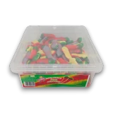 Gummini Jelly Filled Fire Peppers 1kg tub showing colourful red, yellow and green jelly filled gummy peppers, available at The Professors