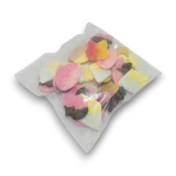 Left angled view of The Professors Swedish Bubs Mix 500g bag showing skulls, ovals and two-tone foam sweets.