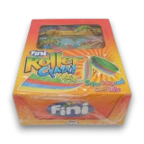 Front view of Fini Roller Fizz Crazy display box with 16 individually wrapped 80g rainbow fizzy candy belt packs.
