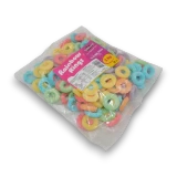 Left angled view of Lolliland Rainbow Rings 1kg bulk bag showing blue, yellow, green, pink and purple gummies.