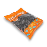 Matthijs Zoute Haringen Salty Licorice Fish 1kg bag, left angled view of black licorice fish, at The Professors