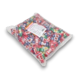 Rainbow-coloured chewy fruit lollies in 1kg packaging, individually wrapped, available at The Professors Online Lolly Shop.