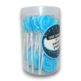 Blue and white swirled short stick lollipops, individually wrapped in a 24-piece tub by Candy Showcase, available at The Professors Blue and white swirled short stick lollipops, individually wrapped in a 24-piece tub by Candy Showcase, available at The Professors