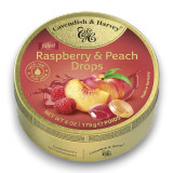 Cavendish & Harvey Raspberry & Peach Filled Drops 175g tin showcasing premium fruit-filled hard candies. Cavendish & Harvey Raspberry & Peach Filled Drops 175g tin showcasing premium fruit-filled hard candies.
