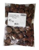 Milk Choc Pineapple Creams 1kg bag showcasing pineapple fondant-filled chocolate pieces, available at The Professors. Milk Choc Pineapple Creams 1kg bag showcasing pineapple fondant-filled chocolate pieces, available at The Professors.