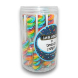 Rainbow multi-fruit twisty pops in 24-pack tub for event styling, available at The Professors Online Lolly Shop Rainbow multi-fruit twisty pops in 24-pack tub for event styling, available at The Professors Online Lolly Shop
