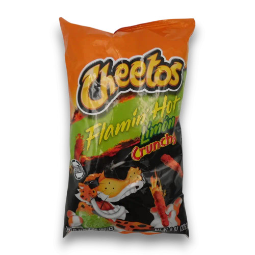 Cheetos Crunchy Flamin’ Hot Limón 227g bag featuring spicy cheese and lime flavour, available at The Professors. Cheetos Crunchy Flamin’ Hot Limón 227g bag featuring spicy cheese and lime flavour, available at The Professors.