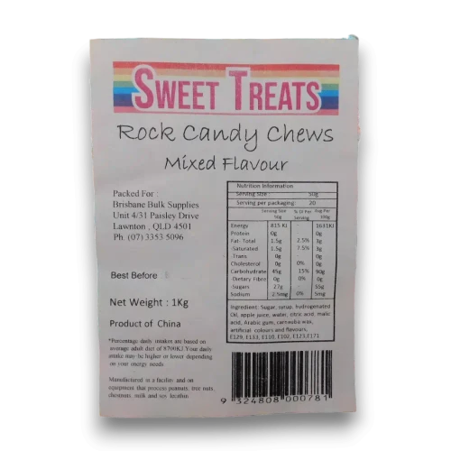 Nutritional information for Sweet Treats - Rock Candy Chews - Mixed (1kg bag), available at The Professors Online Lolly Shop