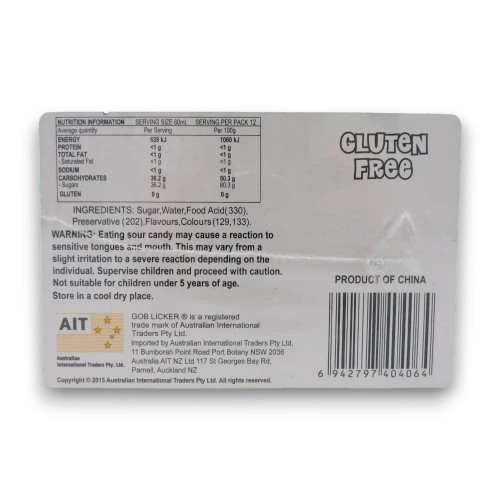 Nutritional information and ingredients list for Gob Licker Sour Roller, available at The Professors Online Lolly Shop