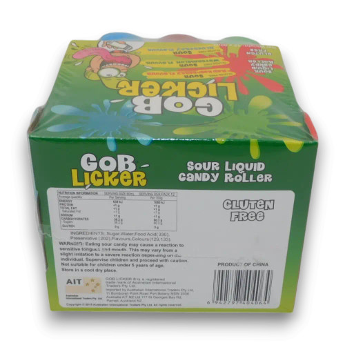 Gob Licker Sour Roller 12pc display featuring Blueberry, Raspberry, and Watermelon flavours, available at The Professors
