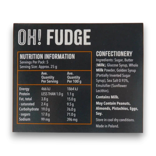 Nutritional information of OH! Fudge Salted Caramel Fudge 120g box, available at The Professors Online Lolly Shop