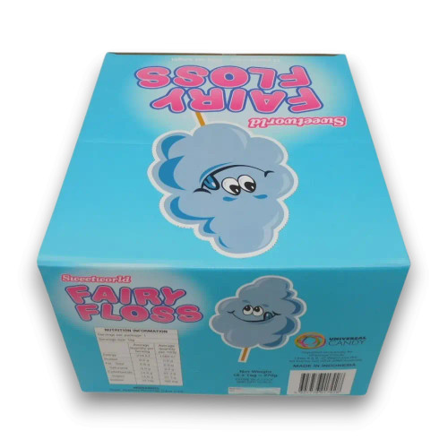 Blueberry-flavoured blue fairy floss by Sweetworld in 18 pack display unit, individually wrapped bags, available at The Professors