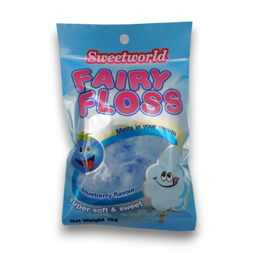 Sweetworld Fairy Floss Blueberry 15g bag showcasing blueberry-flavoured fairy floss, available at The Professors