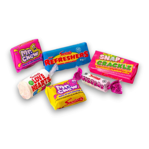 Close-up of wrapped Swizzels sweets like Refreshers, Mr. Chew, and Snap & Crackle from the 3kg Mini Sweet Mix.