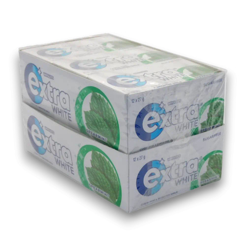 Extra Gum White Spearmint 24-pack display unit featuring sugar-free mint-flavoured gum strips, perfect for fresh breath on the go. Extra Gum White Spearmint 24-pack display unit featuring sugar-free mint-flavoured gum strips, perfect for fresh breath on the go.