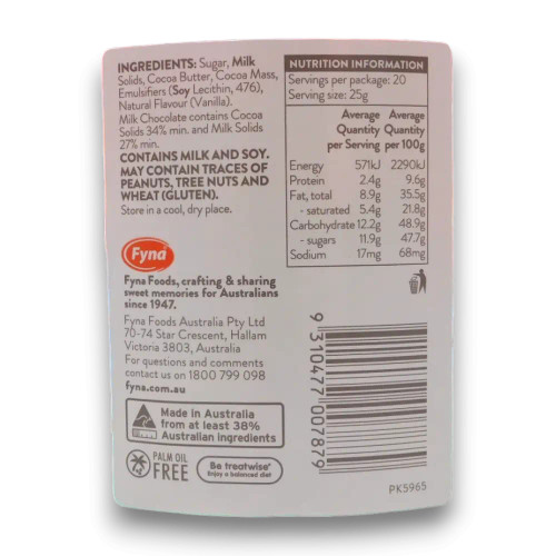 Nutritional panel and ingredients list of Pink Lady Solid Foiled Mini Eggs 500g cylinder.