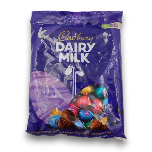 Cadbury Solid Hunting Eggs (440g) in a colourful bag showcasing individually wrapped milk chocolate Easter eggs. Cadbury Solid Hunting Eggs (440g) in a colourful bag showcasing individually wrapped milk chocolate Easter eggs.