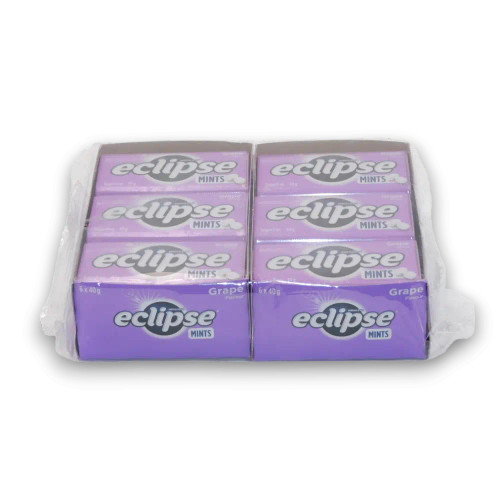 Eclipse Mints Grape flavour tins in a display pack, perfect for shops, newsagents, and lolly stores, available at The Professors.