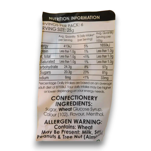 Nutritional information and ingredients list of Aussie Drops Butter & Menthol Sharepack 12 x 150g box.