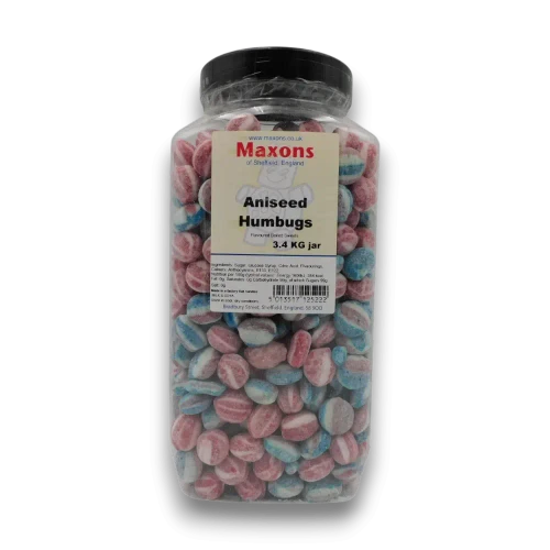 Maxons Aniseed Humbugs 3.4kg jar of traditional aniseed flavoured boiled sweets, available at The Professors Online Lolly Shop.