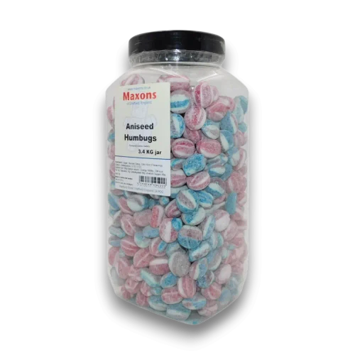 Traditional Maxons Aniseed Humbugs 3.4kg PET jar with handcrafted boiled sweets, available at The Professors Online Lolly Shop.