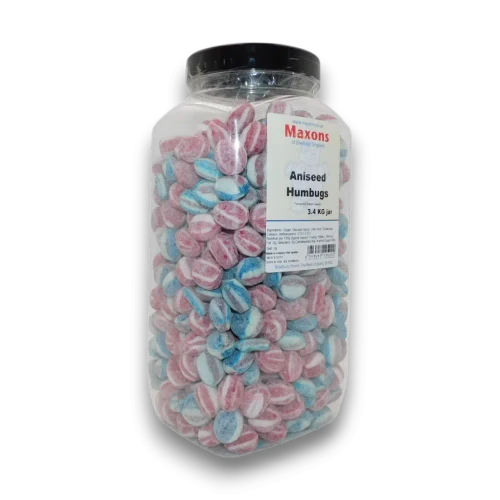 Maxons Aniseed Humbugs in a 3.4kg bulk jar featuring classic striped boiled sweets, available at The Professors Online Lolly Shop.