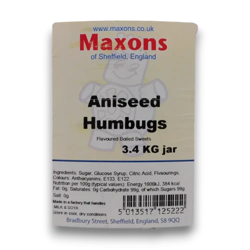 Ingredients list of Maxons Aniseed Humbugs in a 3.4kg bulk jar
