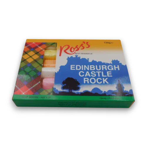 Ross's Edinburgh Castle Rock 135g theatre box showcasing classic Scottish soft eating rock confectionery.