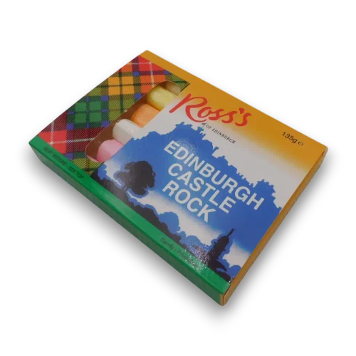 Ross's Edinburgh Castle Rock 135g theatre box featuring traditional Scottish soft eating rock from The Professors Online Lolly Shop.