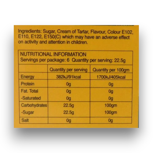 Nutrition information panel on Ross's Edinburgh Castle Rock 135g theatre box available from The Professors Online Lolly Shop.